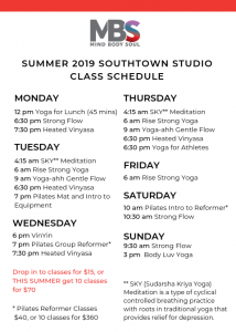 Summer yoga and pilates schedule for MBS Southtown Location